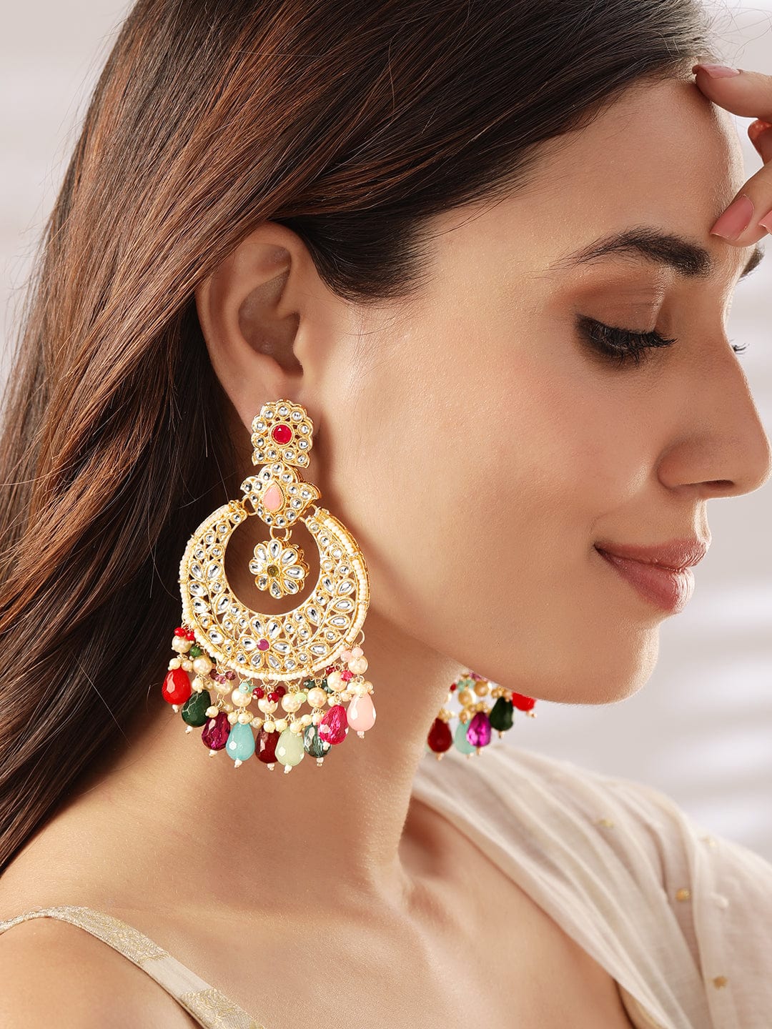 Rubans 22K Gold plated kundan crystals studded multicolour beads and pearls chandbali earrings Earrings