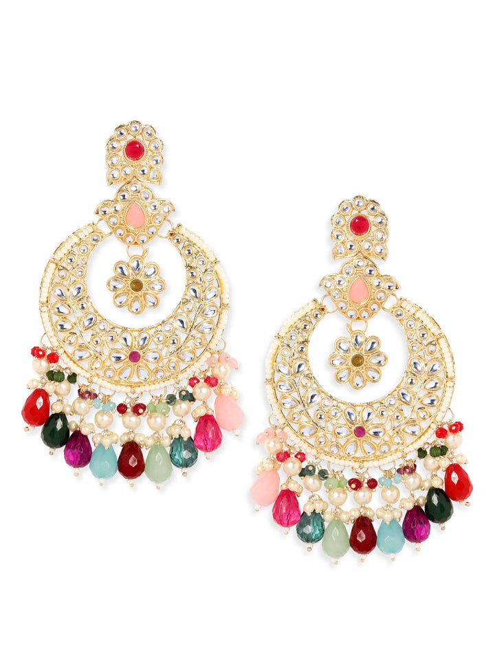 Rubans 22K Gold plated kundan crystals studded multicolour beads and pearls chandbali earrings Earrings