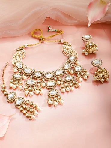 Rubans 22K Gold-Plated Kundan & Cubic Zirconia Choker Necklace Set with White Pearls Jewellery Set