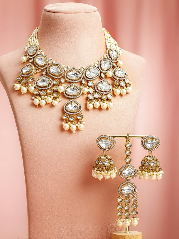Rubans 22K Gold-Plated Kundan & Cubic Zirconia Choker Necklace Set with White Pearls Jewellery Set
