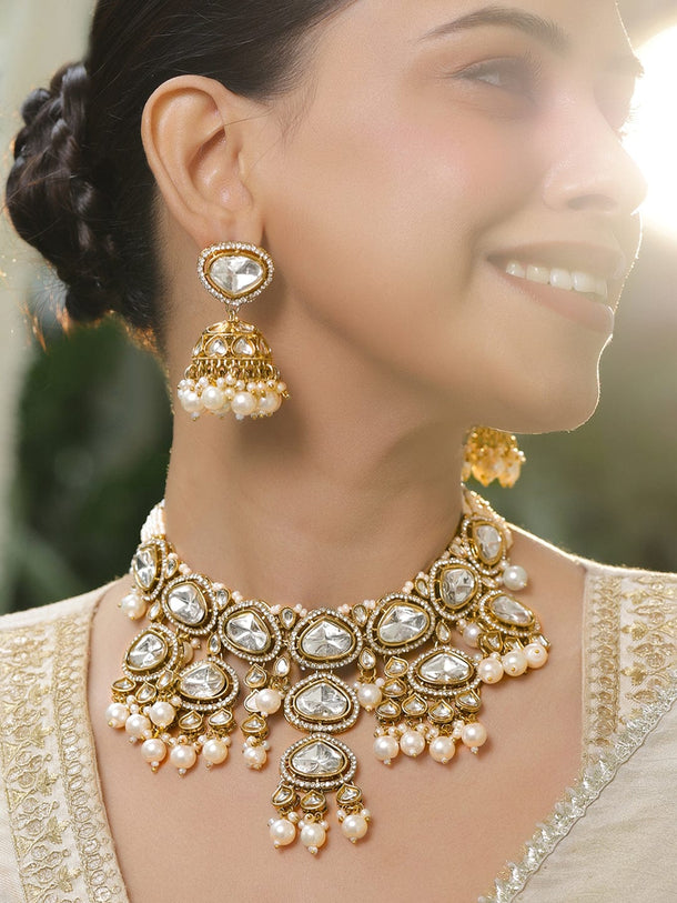 Rubans 22K Gold-Plated Kundan & Cubic Zirconia Choker Necklace Set with White Pearls Jewellery Set