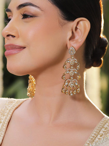 Rubans 22K Gold-Plated Kundan & Cubic Zirconia Layered Handcrafted Long Chandelier Earring Earrings