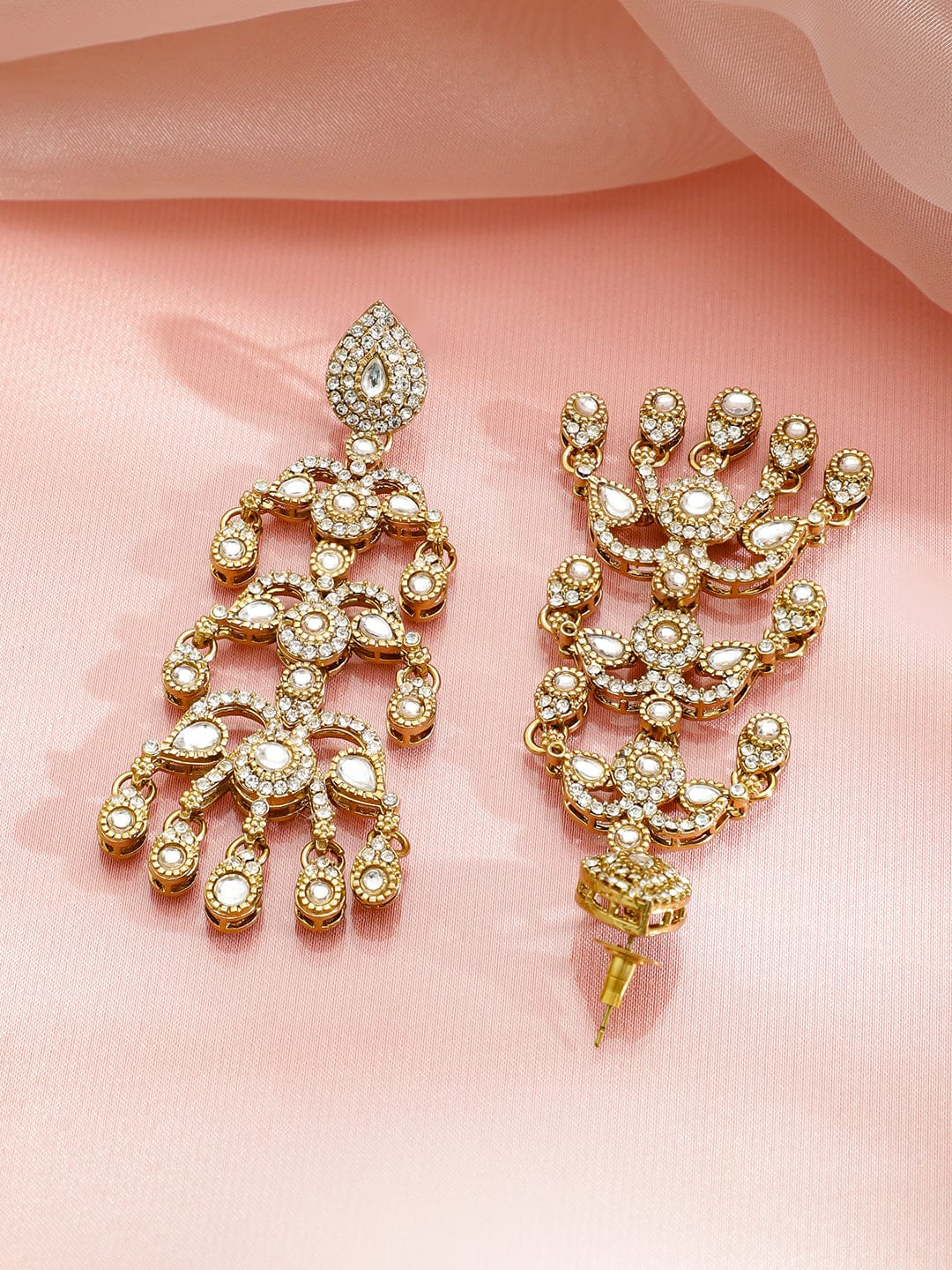 Rubans 22K Gold-Plated Kundan & Cubic Zirconia Layered Handcrafted Long Chandelier Earring Earrings