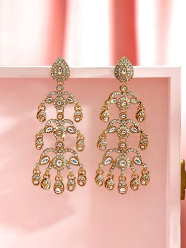 Rubans 22K Gold-Plated Kundan & Cubic Zirconia Layered Handcrafted Long Chandelier Earring Earrings