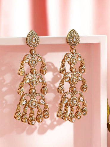 Rubans 22K Gold-Plated Kundan & Cubic Zirconia Layered Handcrafted Long Chandelier Earring Earrings