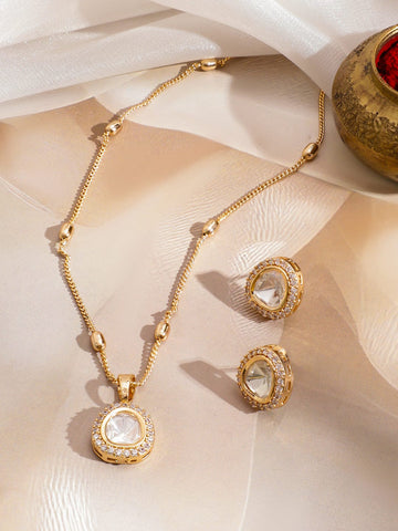 Rubans 22K Gold-Plated Kundan & Cubic Zirconia Pendant Necklace Set with Gold Beaded Chain Necklace Set