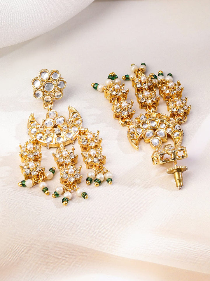 Rubans 22K Gold-Plated Kundan & Cubic Zirconia Studded Multi-Layered Bridal Necklace Set with Pearl & Green Bead Detailing for Bridal Jewellery Set