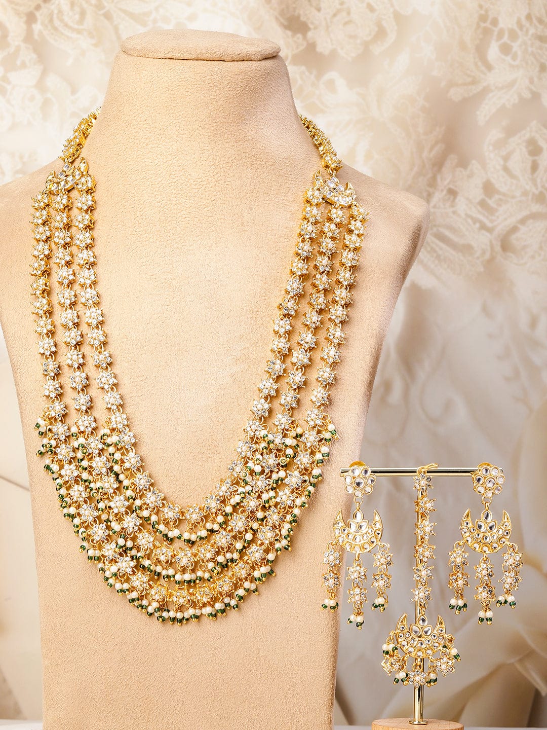 Rubans 22K Gold-Plated Kundan & Cubic Zirconia Studded Multi-Layered Bridal Necklace Set with Pearl & Green Bead Detailing for Bridal Jewellery Set