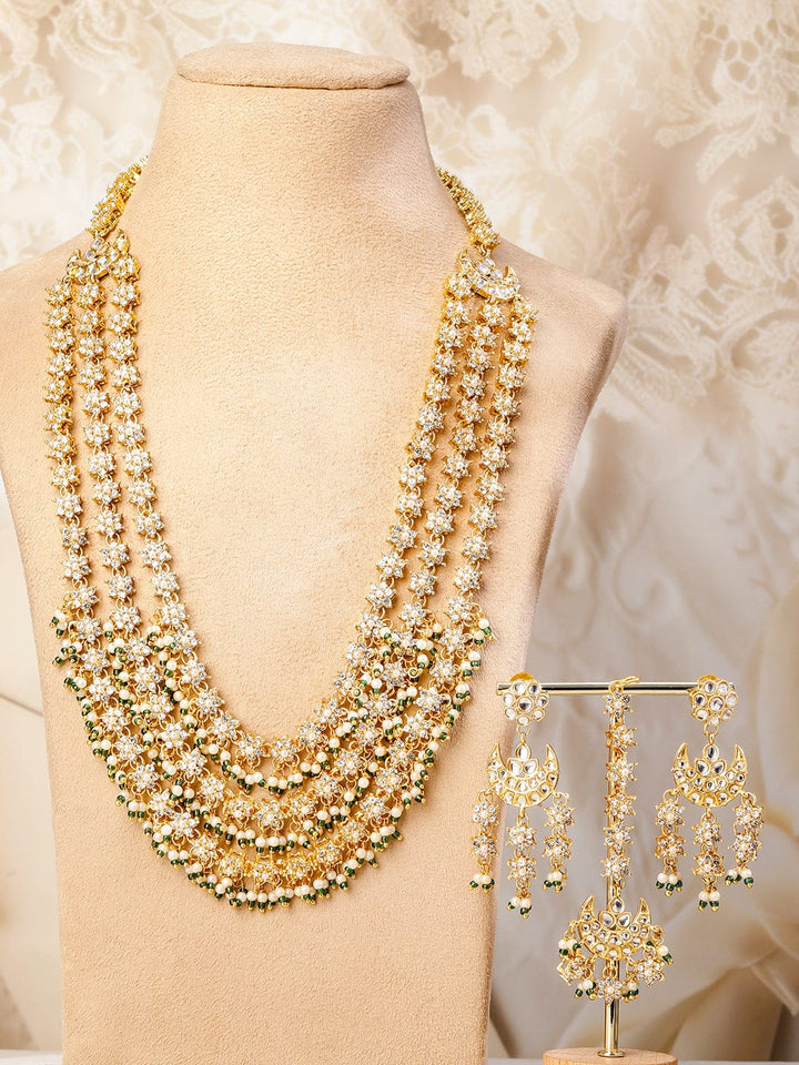 Rubans 22K Gold-Plated Kundan & Cubic Zirconia Studded Multi-Layered Bridal Necklace Set with Pearl & Green Bead Detailing for Bridal Jewellery Set