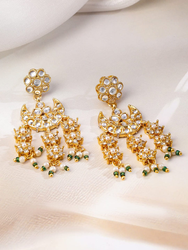 Rubans 22K Gold-Plated Kundan & Cubic Zirconia Studded Multi-Layered Bridal Necklace Set with Pearl & Green Bead Detailing for Bridal Jewellery Set