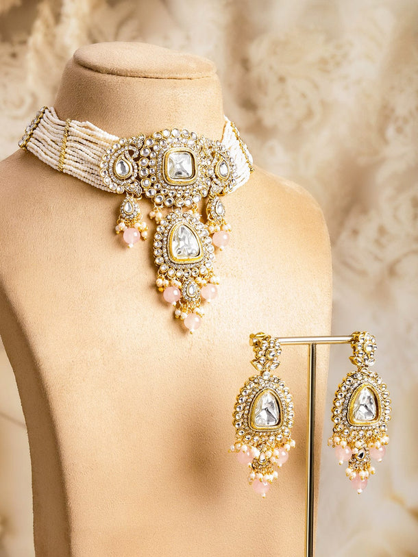 Rubans 22K Gold-Plated Kundan,CZ  & White Pearl Multi-Strand Choker Set with Pink Beads Jewellery Set