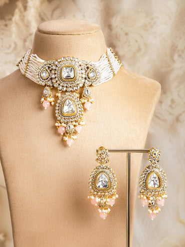 Rubans 22K Gold-Plated Kundan,CZ  & White Pearl Multi-Strand Choker Set with Pink Beads Jewellery Set