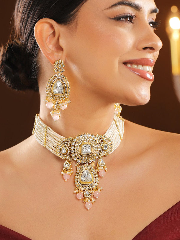 Rubans 22K Gold-Plated Kundan,CZ  & White Pearl Multi-Strand Choker Set with Pink Beads Jewellery Set
