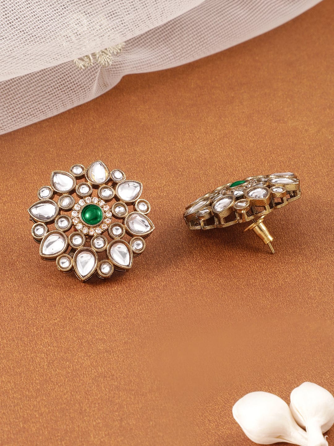 Rubans 22K Gold-Plated Kundan & Emerald Green Stone Studded White Pearl Beaded Floral Choker Necklace Set Jewellery Set