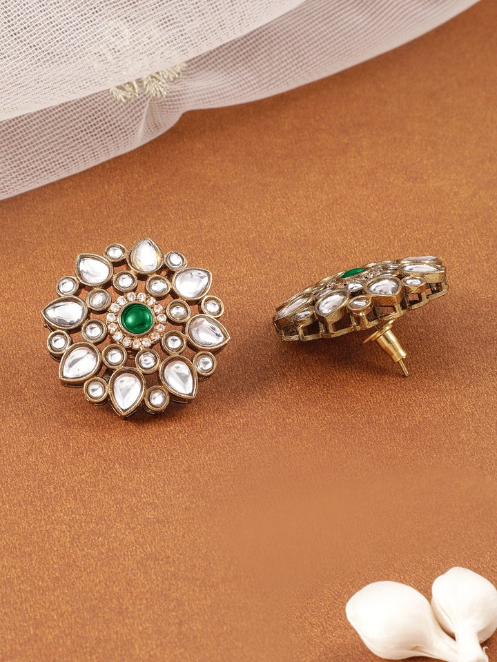 Rubans 22K Gold-Plated Kundan & Emerald Green Stone Studded White Pearl Beaded Floral Choker Necklace Set Jewellery Set