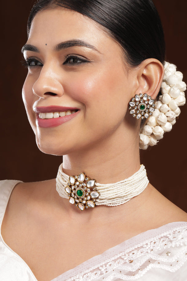 Rubans 22K Gold-Plated Kundan & Emerald Green Stone Studded White Pearl Beaded Floral Choker Necklace Set Necklace Set