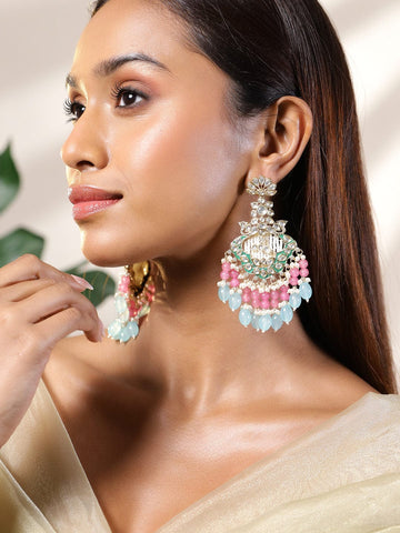 Rubans 22K Gold-Plated Kundan & Green Enamel Chandbali Earrings with Pink & Aqua Blue Beads Chandbali Earrings