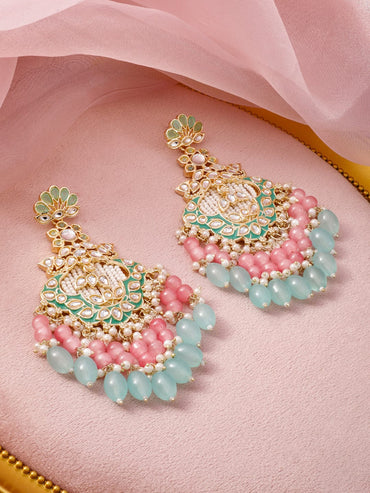 Rubans 22K Gold-Plated Kundan & Green Enamel Chandbali Earrings with Pink & Aqua Blue Beads Earrings