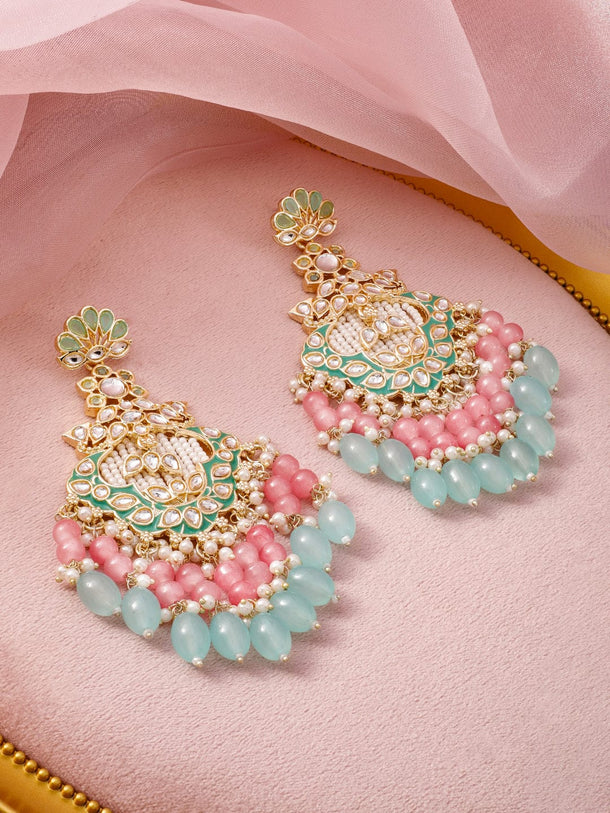 Rubans 22K Gold-Plated Kundan & Green Enamel Chandbali Earrings with Pink & Aqua Blue Beads Earrings