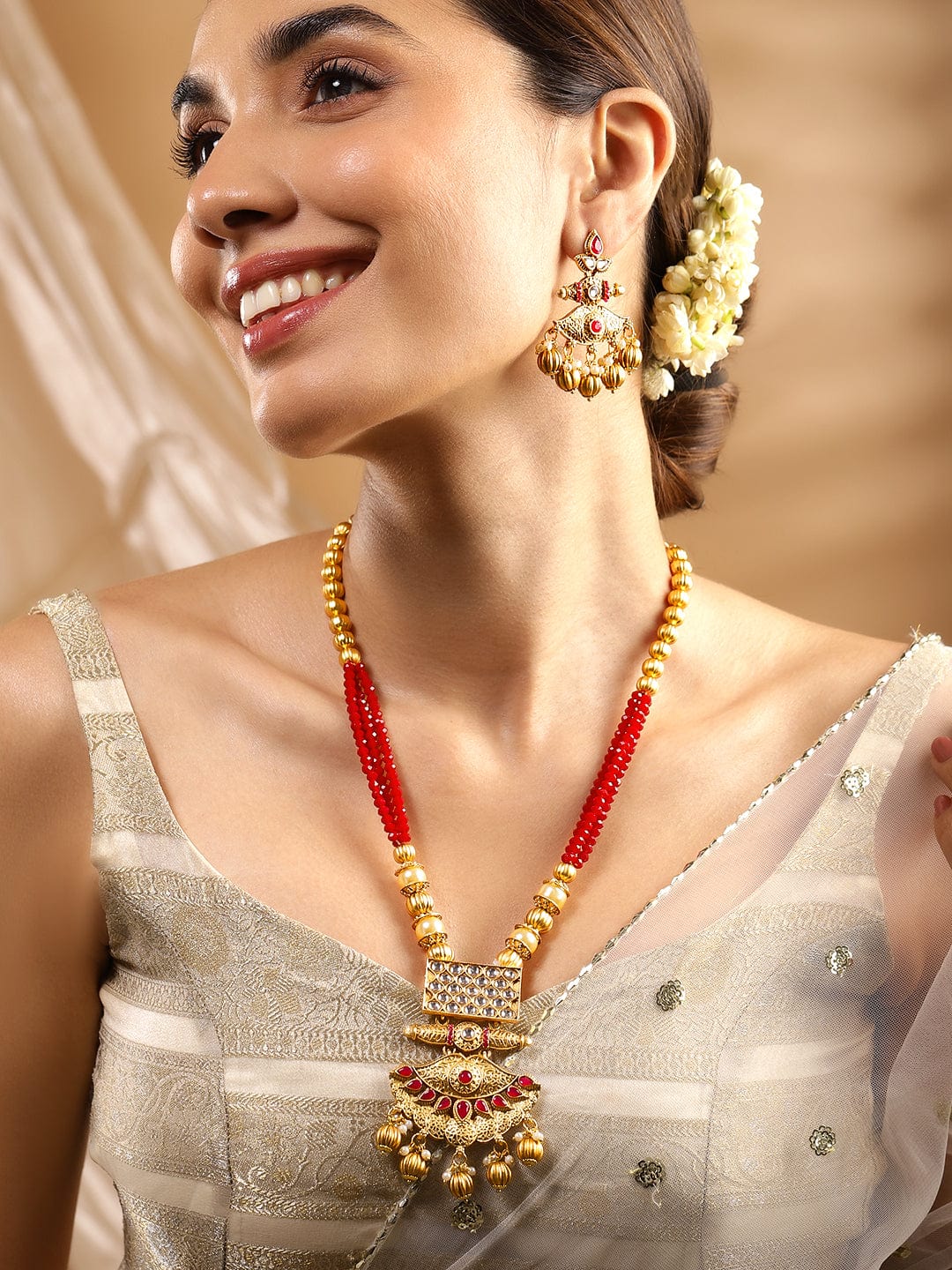 Rubans 22K Gold-Plated Kundan Jewellery Set with Ruby Red Beaded Multistrand Golden Bead