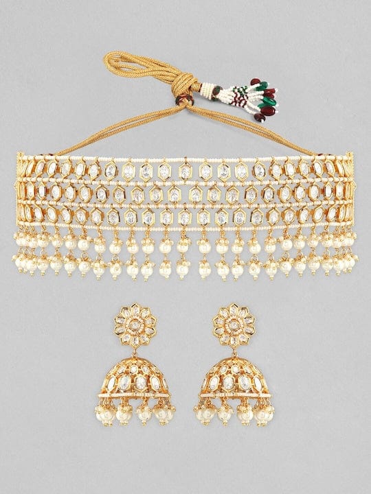 Rubans 22K Gold Plated kundan Necklace Set With Pearls Necklaces, Necklace Sets, Chains & Mangalsutra