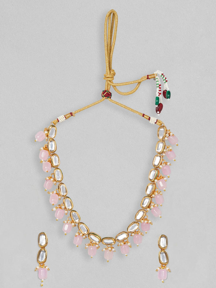 Rubans 22K Gold Plated Kundan Necklace With Pink Beads Necklace Set