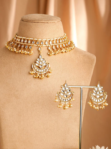 Rubans 22K Gold-Plated Kundan & Pearl Beaded Handcrafted Choker Jewellery Set Jewellery Set