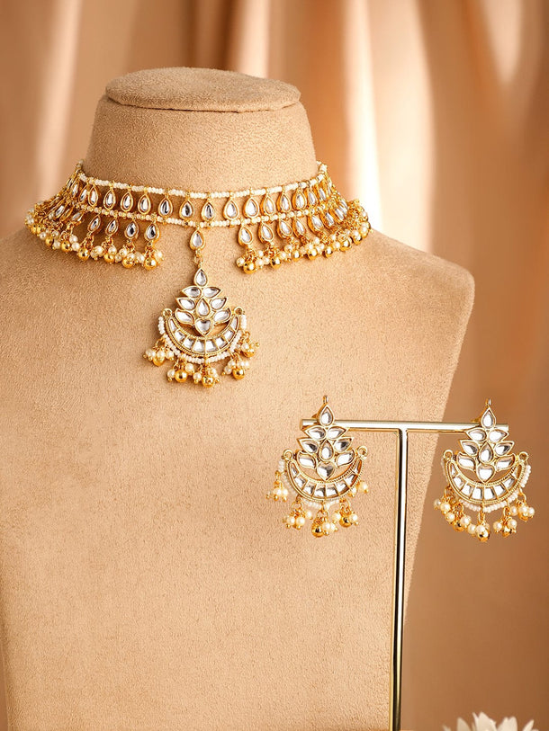 Rubans 22K Gold-Plated Kundan & Pearl Beaded Handcrafted Choker Jewellery Set Jewellery Set
