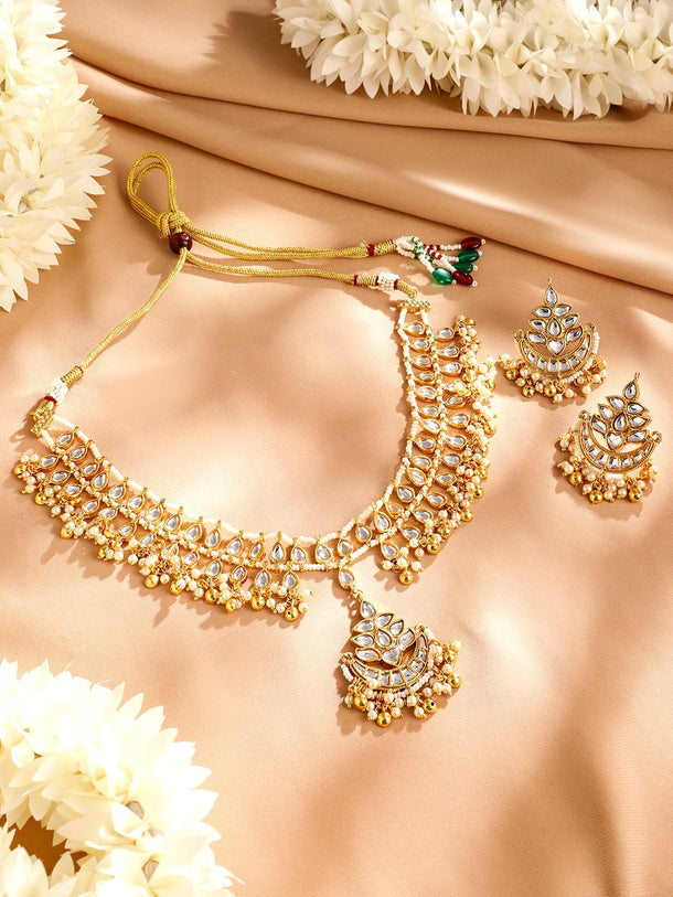 Rubans 22K Gold-Plated Kundan & Pearl Beaded Handcrafted Choker Jewellery Set Jewellery Set