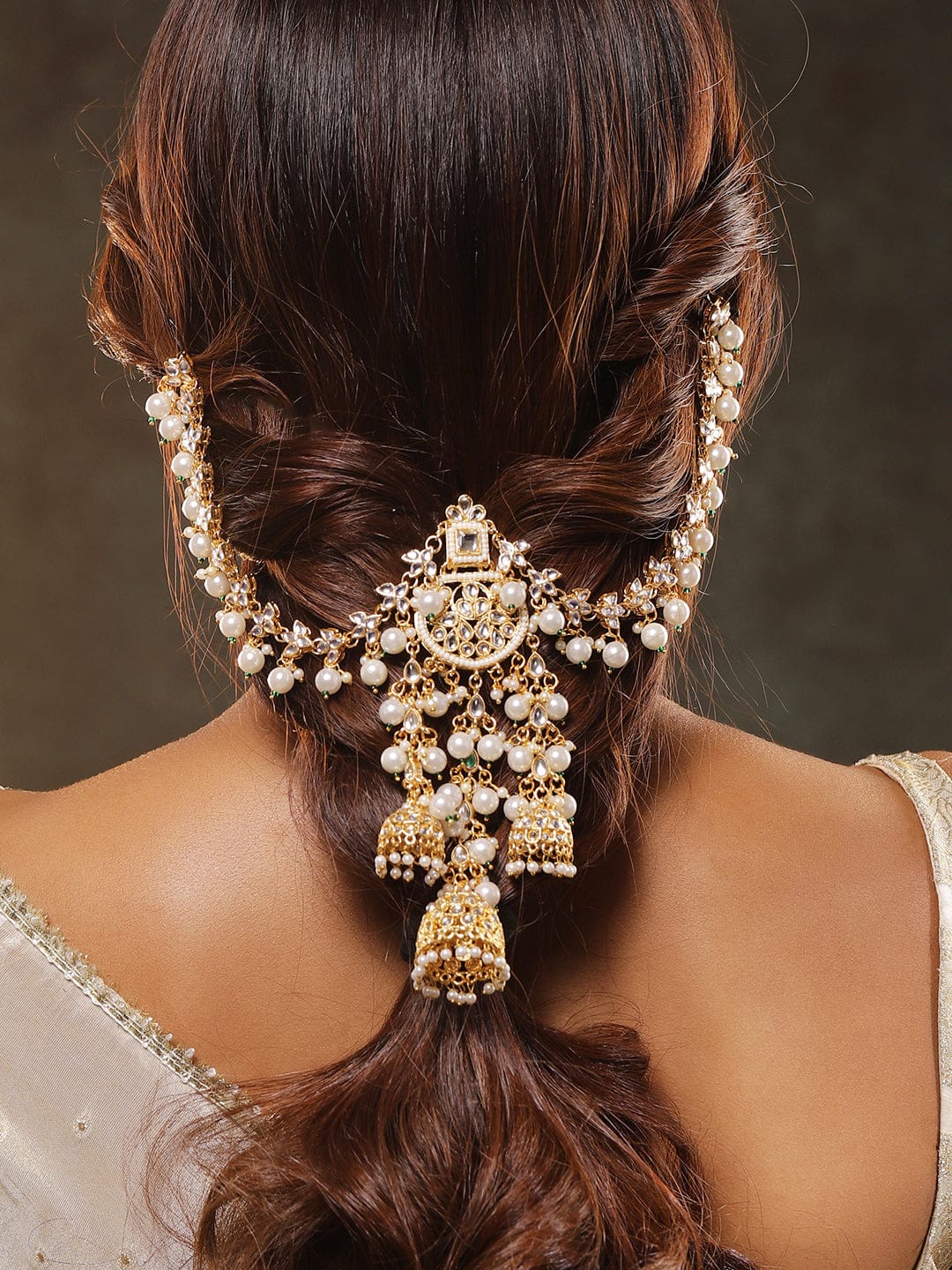 Rubans 22K Gold-Plated Kundan & Pearl Beaded Handcrafted Hair Accessory with Jhumka Detail Hair Accessory