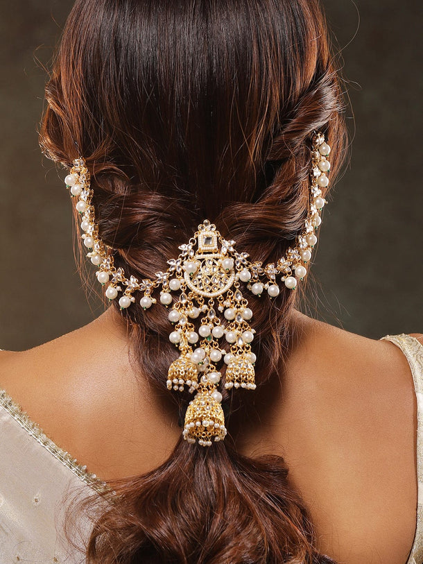 Rubans 22K Gold-Plated Kundan & Pearl Beaded Handcrafted Hair Accessory with Jhumka Detail Hair Accessory