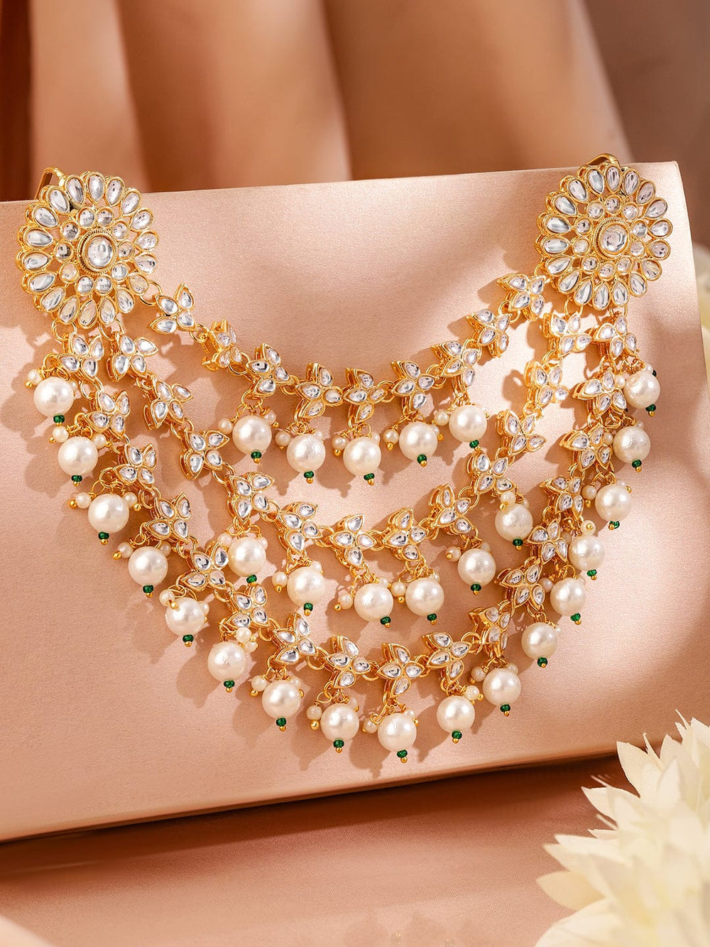 Rubans 22K Gold-Plated Kundan & Pearl Beads Multilayer Floral Hair Accessory with Stone Detailing Head Jewellery