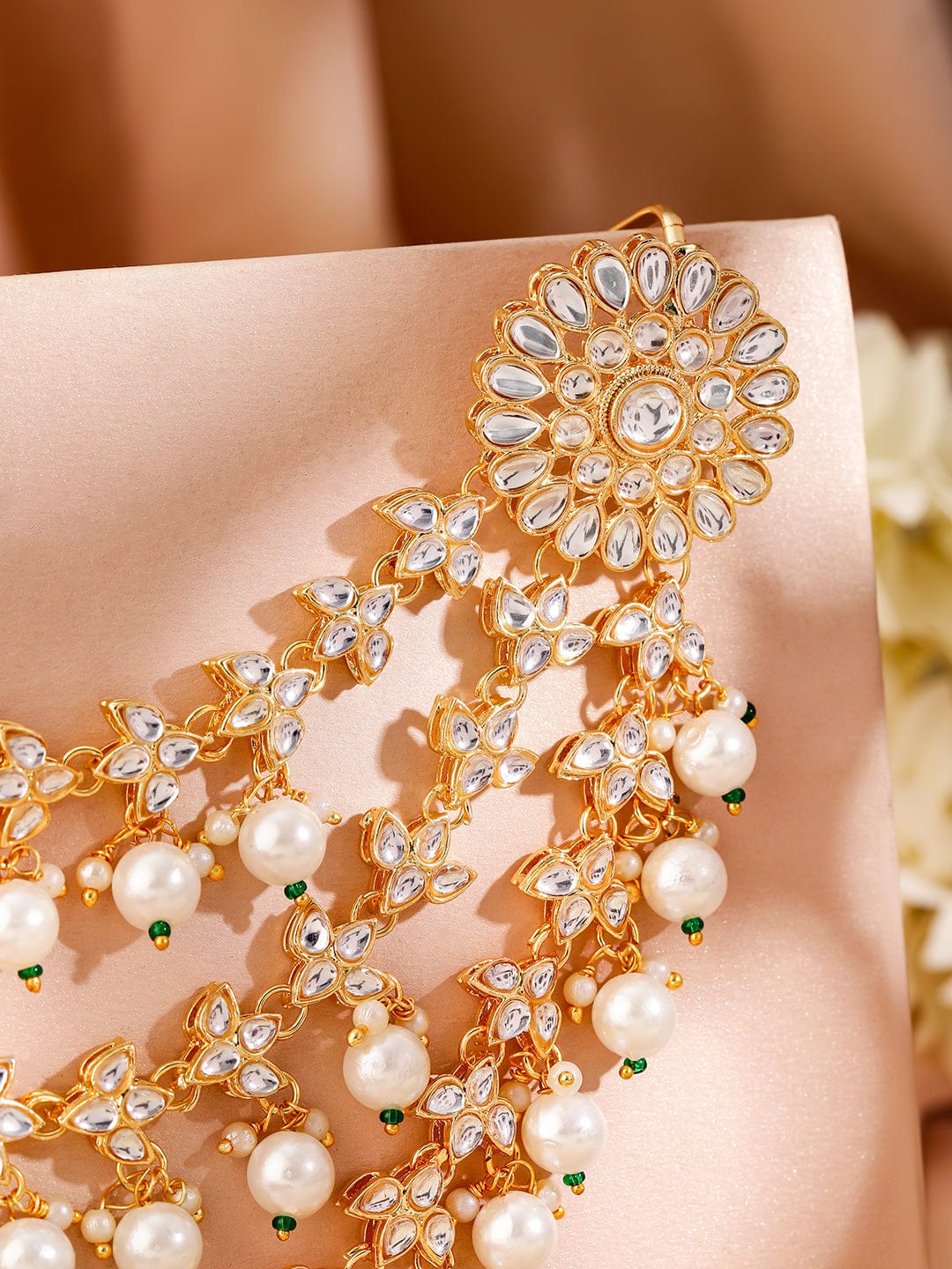 Rubans 22K Gold-Plated Kundan & Pearl Beads Multilayer Floral Hair Accessory with Stone Detailing Head Jewellery