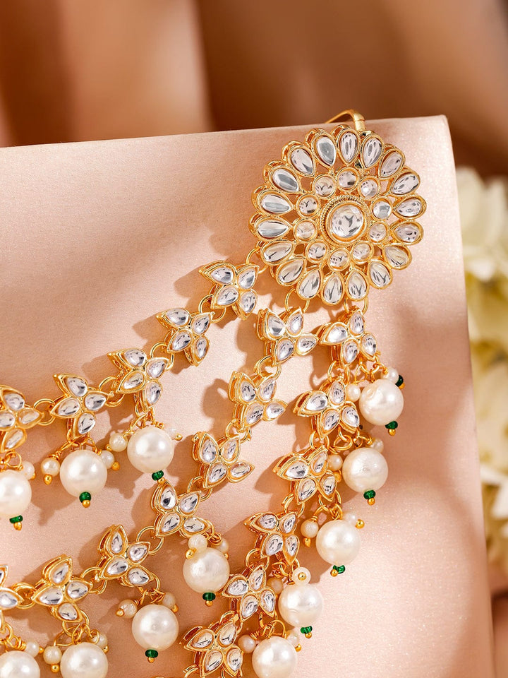 Rubans 22K Gold-Plated Kundan & Pearl Beads Multilayer Floral Hair Accessory with Stone Detailing Head Jewellery