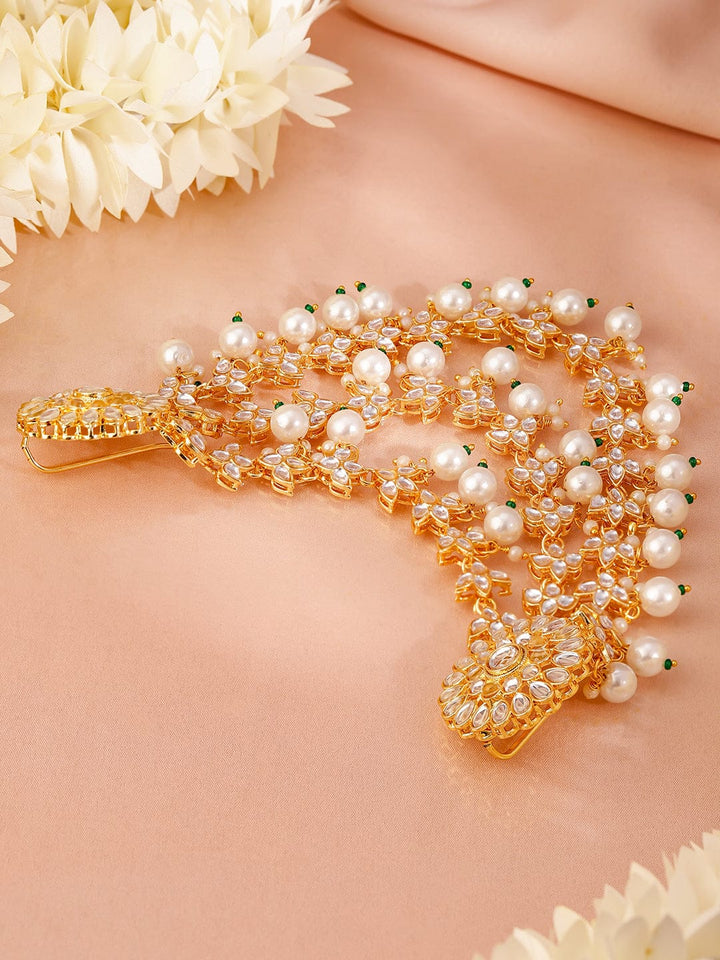Rubans 22K Gold-Plated Kundan & Pearl Beads Multilayer Floral Hair Accessory with Stone Detailing Head Jewellery
