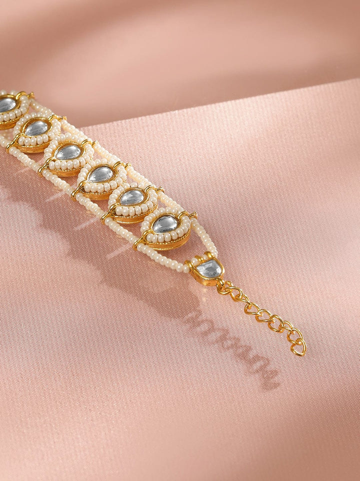 Rubans 22K Gold Plated Kundan & Pearl Handcrafted Adjustable Bracelet for Traditional Look Wristwear