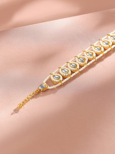 Rubans 22K Gold Plated Kundan & Pearl Handcrafted Adjustable Bracelet for Traditional Look Wristwear