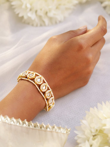 Rubans 22K Gold Plated Kundan & Pearl Handcrafted Adjustable Bracelet for Traditional Look Wristwear