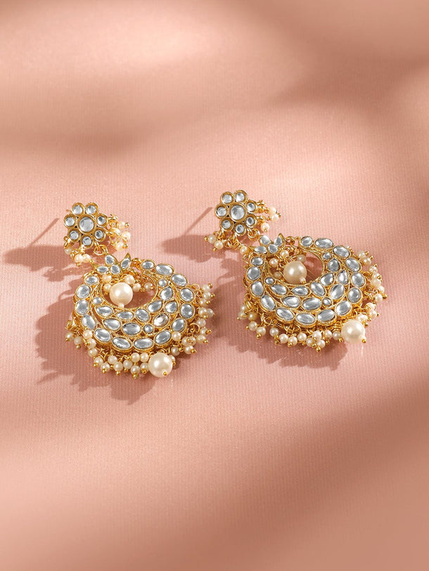 Rubans 22K Gold Plated Kundan & Pearl Multi-Layered Bridal Ear Chain Chandbali Earrings Earrings