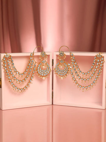 Rubans 22K Gold Plated Kundan & Pearl Multi-Layered Bridal Ear Chain Chandbali Earrings Earrings