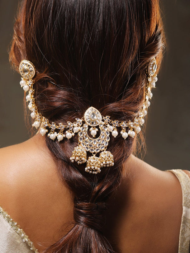 Rubans 22K Gold Plated Kundan & Pearl Studded Bridal Matha Patti Head Jewellery Hair Accessory