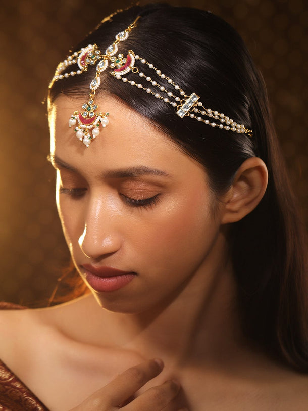 Rubans 22K Gold Plated Kundan & Pearl Studded Multi-Strand Bridal Mattha Patti Headpiece Head Jewellery