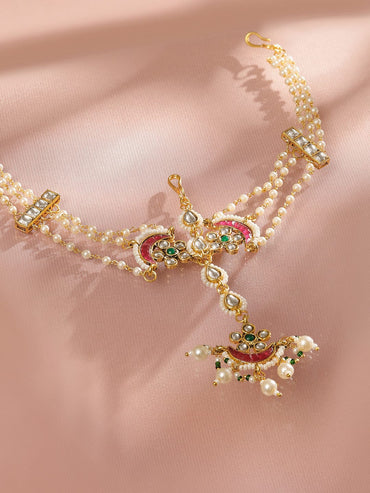 Rubans 22K Gold Plated Kundan & Pearl Studded Multi-Strand Bridal Mattha Patti Headpiece Head Jewellery