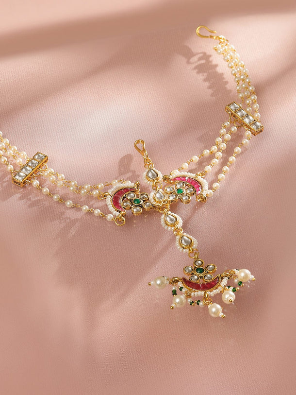 Rubans 22K Gold Plated Kundan & Pearl Studded Multi-Strand Bridal Mattha Patti Headpiece Head Jewellery