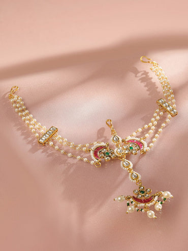 Rubans 22K Gold Plated Kundan & Pearl Studded Multi-Strand Bridal Mattha Patti Headpiece Head Jewellery