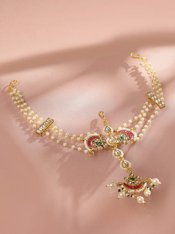 Rubans 22K Gold Plated Kundan & Pearl Studded Multi-Strand Bridal Mattha Patti Headpiece Head Jewellery