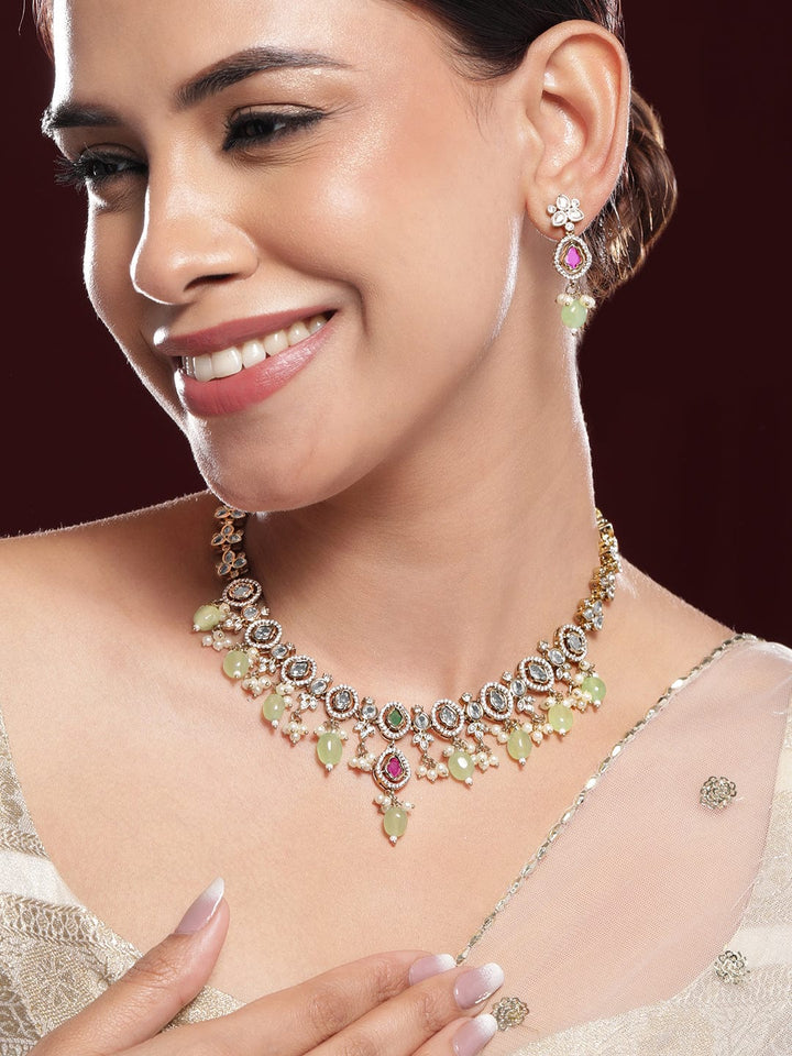 Rubans 22K Gold-Plated Kundan, Pink Stone & Green Beaded Jewellery Set with Pearl & Cubic Zirconia Drops Jewellery Set