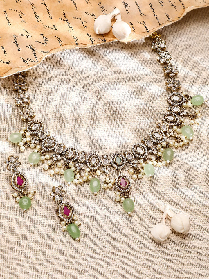 Rubans 22K Gold-Plated Kundan, Pink Stone & Green Beaded Jewellery Set with Pearl & Cubic Zirconia Drops Jewellery Set