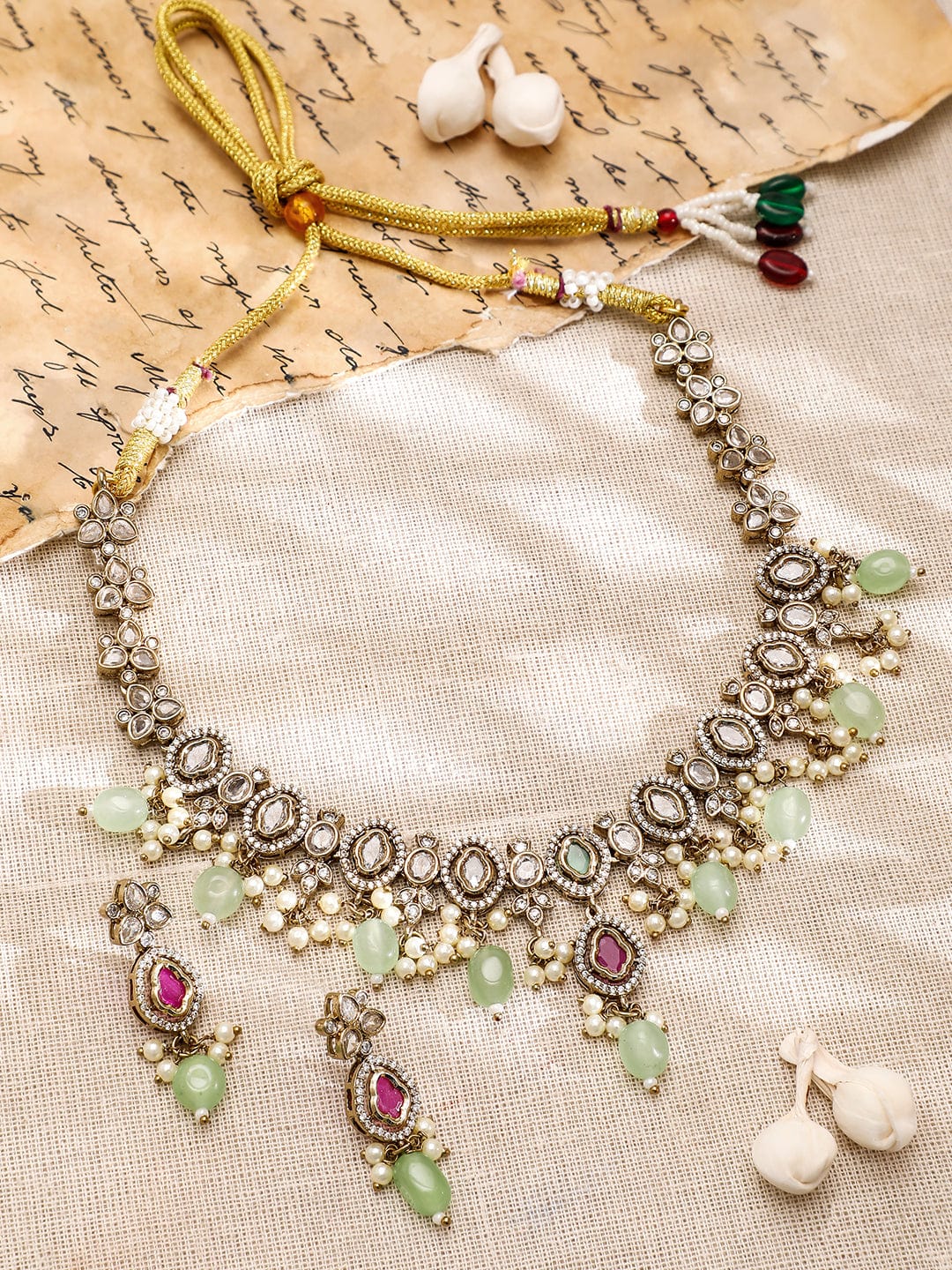 Rubans 22K Gold-Plated Kundan, Pink Stone & Green Beaded Jewellery Set with Pearl & Cubic Zirconia Drops Jewellery Set