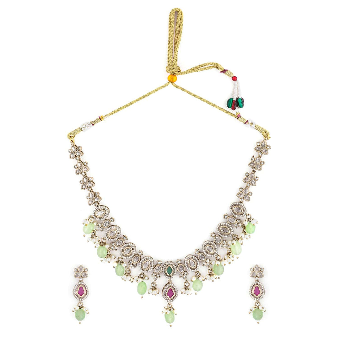 Rubans 22K Gold-Plated Kundan, Pink Stone & Green Beaded Jewellery Set with Pearl & Cubic Zirconia Drops Jewellery Set